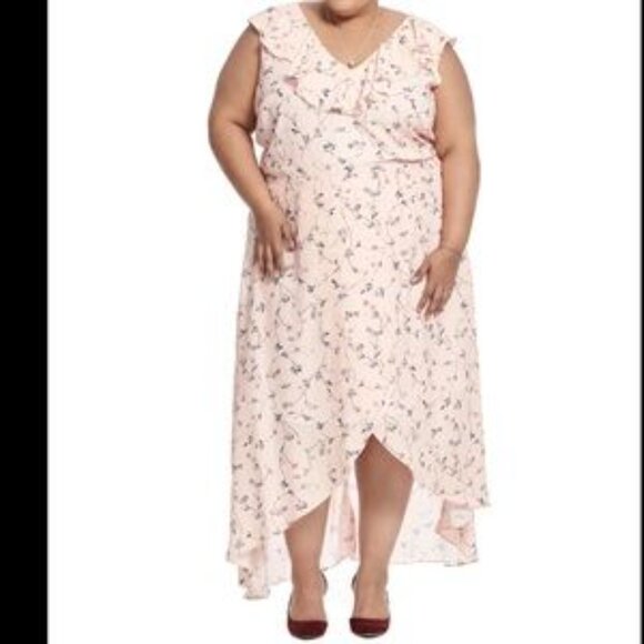 Dress 1X Midi Fit Flare Pink Floral Ruffle Neck Maxi Hi-Lo Wrap Ruffle V-Neck - Picture 2 of 8